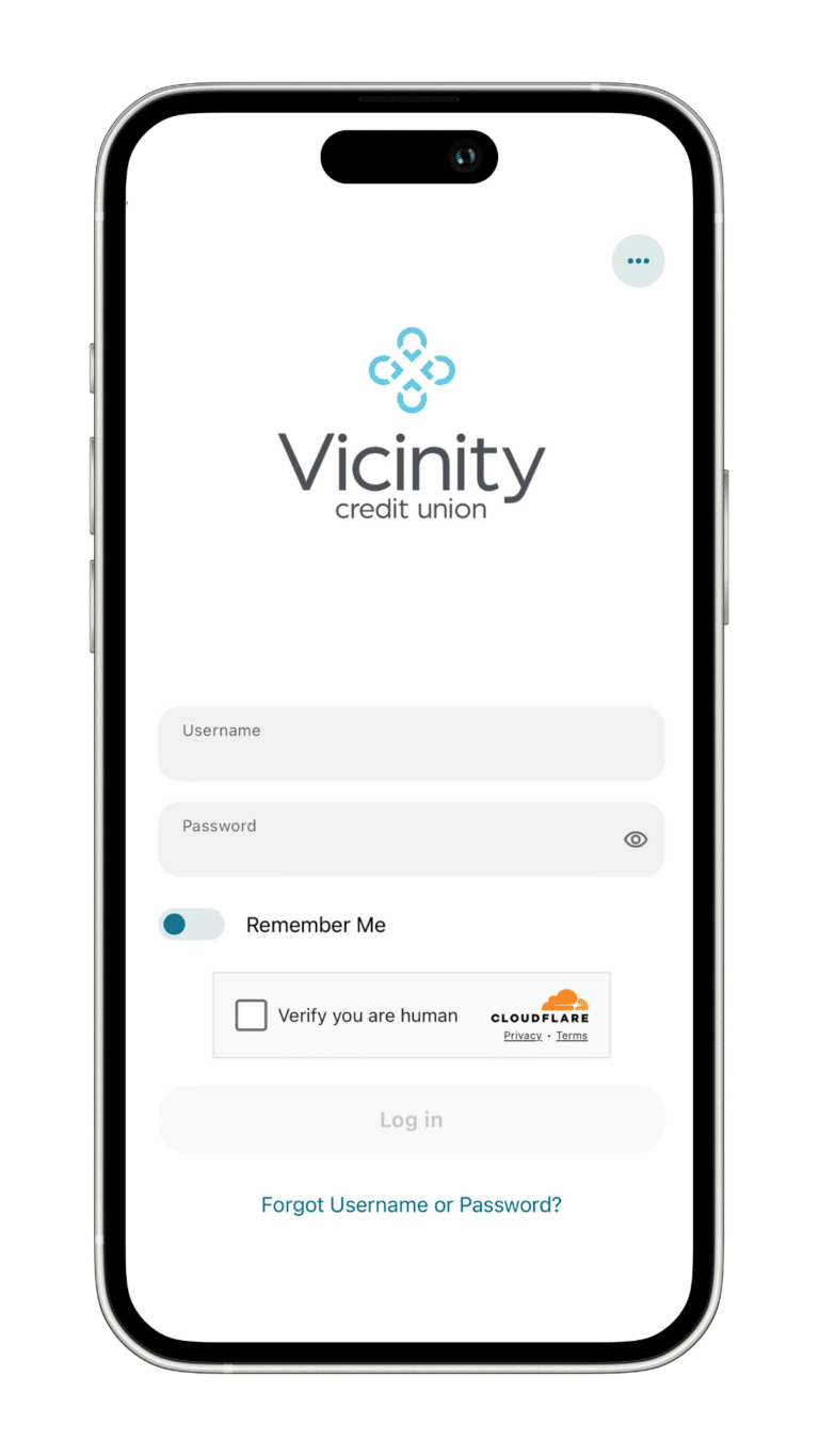 iPhone with Vicinity CU Online Banking Mobile App login on screen