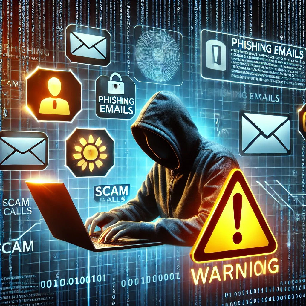 A conceptual digital illustration depicting online fraud and spoofing. The image features a hacker in a dark hoodie using a laptop with phishing email