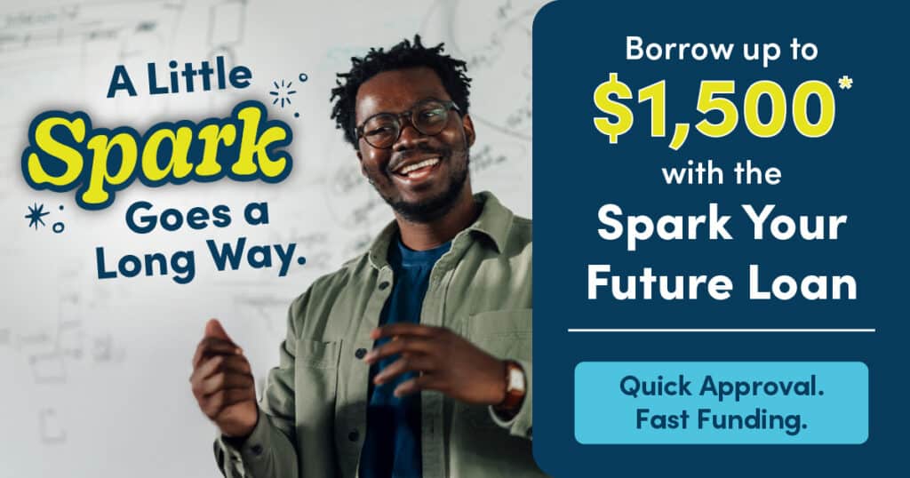 Smiling man gestures in front of a whiteboard. Text reads, "A Little Spark Goes a Long Way." Beside him: "Borrow up to $1,500. Quick Approval. Fast Funding."