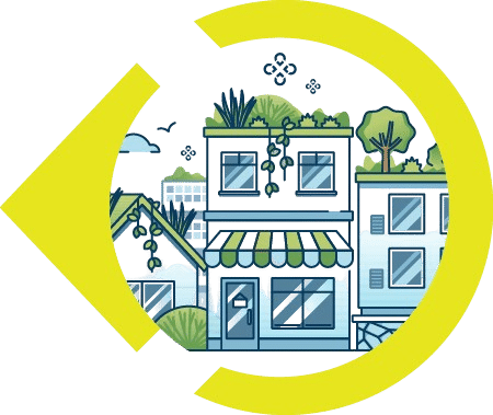 Stylized illustration of eco-friendly homes with rooftop gardens and greenery, encircled by a large yellow arrow on a black background.
