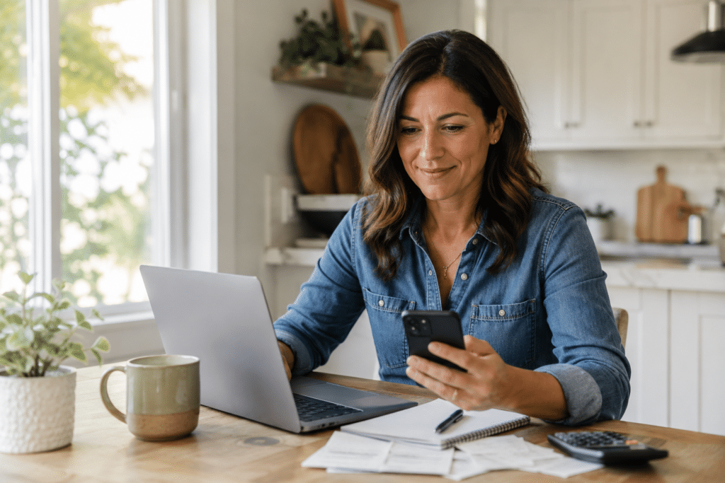 A woman in a denim shirt sits at a kitchen table with a laptop and smartphone, smiling. Nearby are a notebook, calculator, mug, and potted plant.
