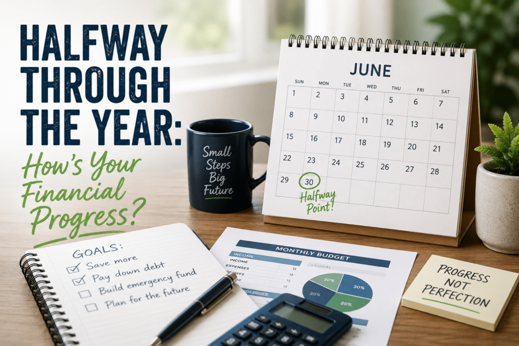 Desk with June calendar, marked "Halfway Point" on the 30th. Notebook with financial goals, pie chart, calculator, coffee mug, and plant convey financial planning.