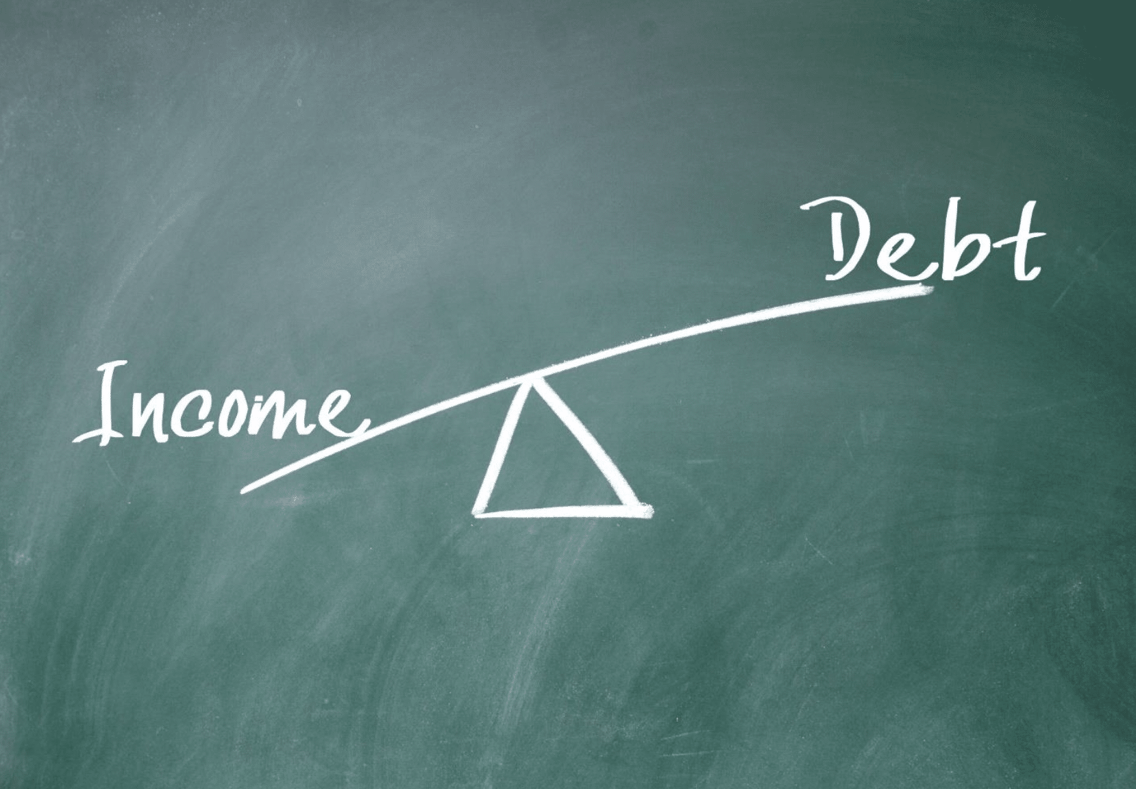 Seesaw showing "Debt" outweighing "Income" on a chalkboard