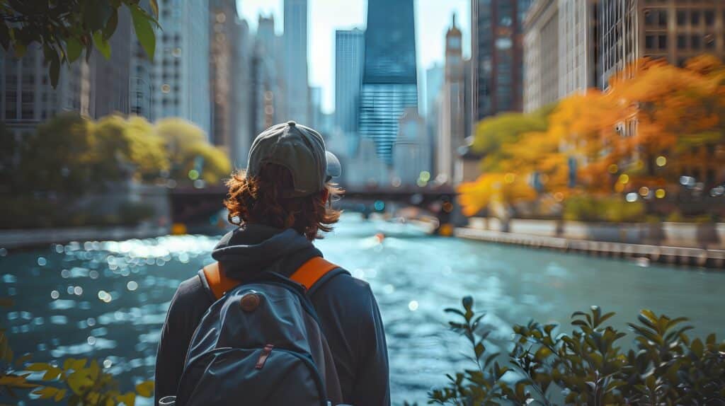 Person with a backpack looking over a river at a city skyline with fall foliage