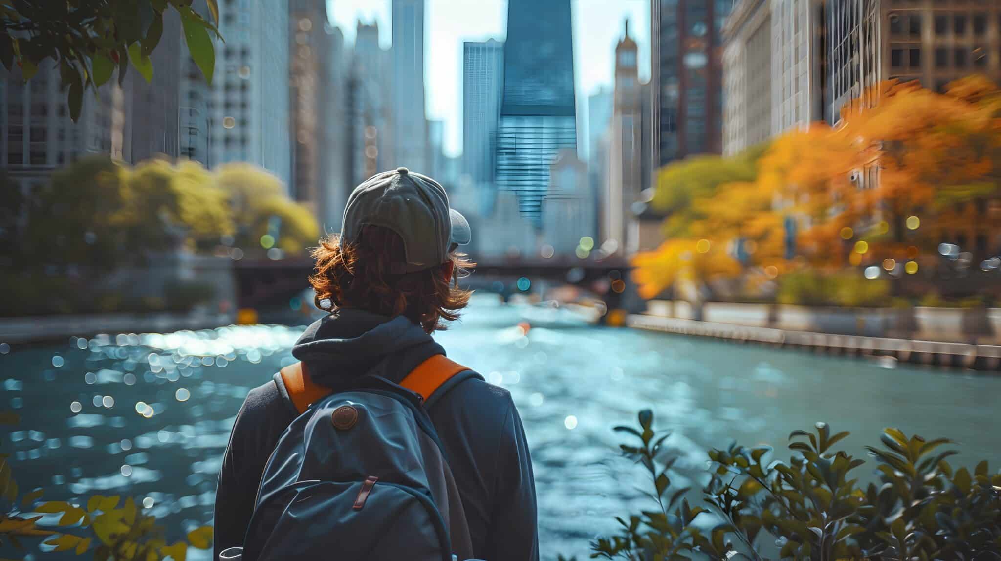 Person with a backpack looking over a river at a city skyline with fall foliage